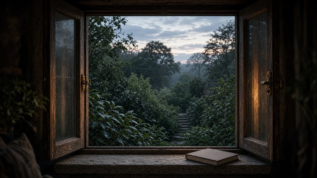 Janela aberta para um jardim ameno ao anoitecer, com um caderno no peitoril.