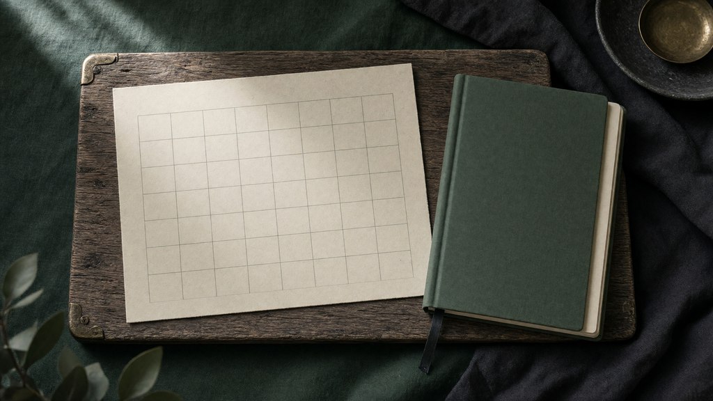 Calendário de papel sem datas impressas ao lado de um caderno simples visto de cima.