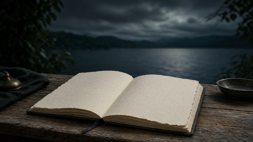 Horizonte quase escuro e uma página de caderno em branco sobre uma mesa.