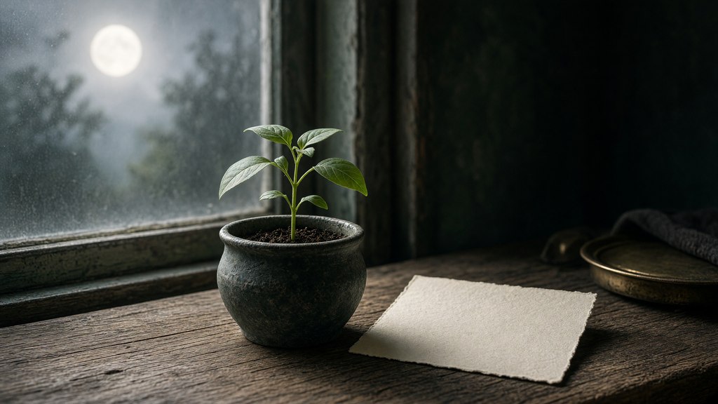 Planta pequena em crescimento no peitoril, ao lado de um cartão sem texto.