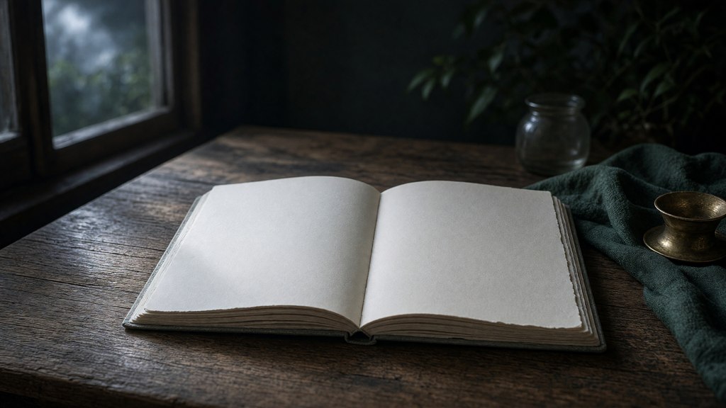 Mesa interna iluminada com suavidade, diante de uma janela noturna e um caderno aberto.