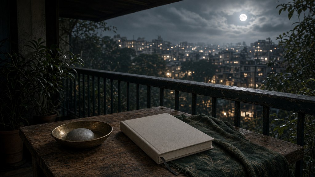 Varanda urbana brasileira em uma noite quente de janeiro, vista de uma área sombreada.