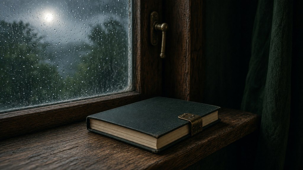Janela em uma noite úmida de fim de verão, com um caderno protegido dentro de casa.