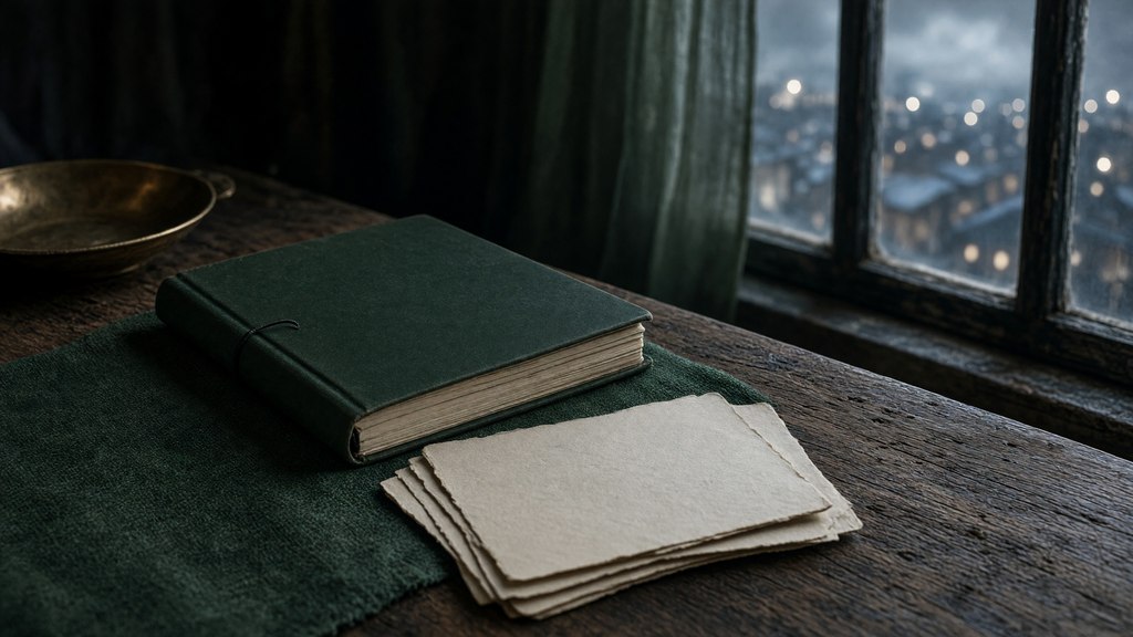Caderno ao lado de três cartões de observação sem texto diante de uma janela urbana.