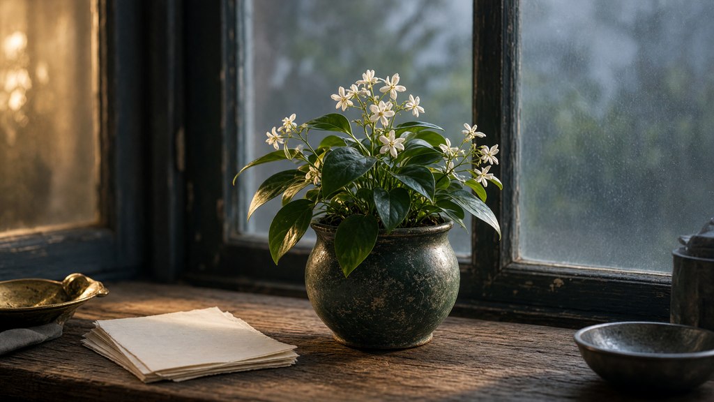 Janela com cores equilibradas de manhã e noite e uma pequena planta cultivada com flores.