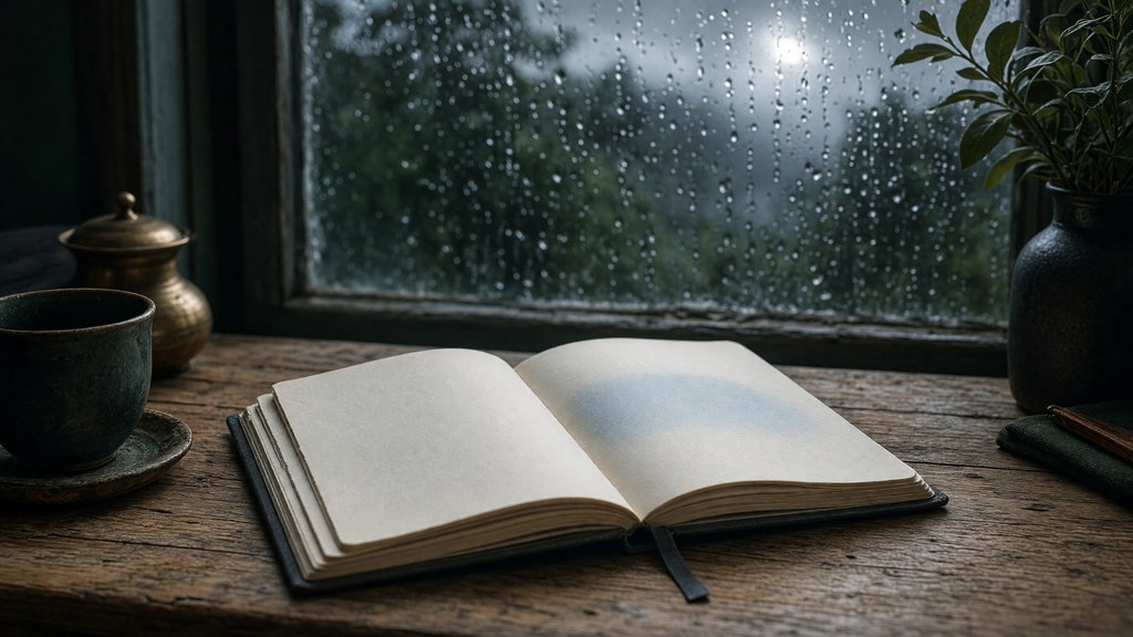 Mesa arejada com caderno pessoal e chuva noturna do lado de fora.