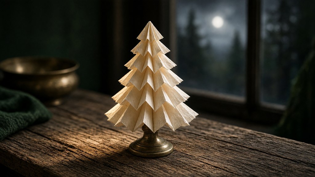 Luz elétrica quente em uma sala durante uma noite longa, com um ornamento simples de papel.