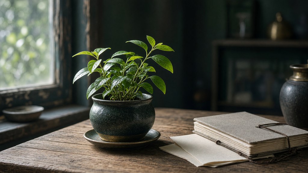 Folhas novas cultivadas sob luz suave em um espaço simples de estudo.
