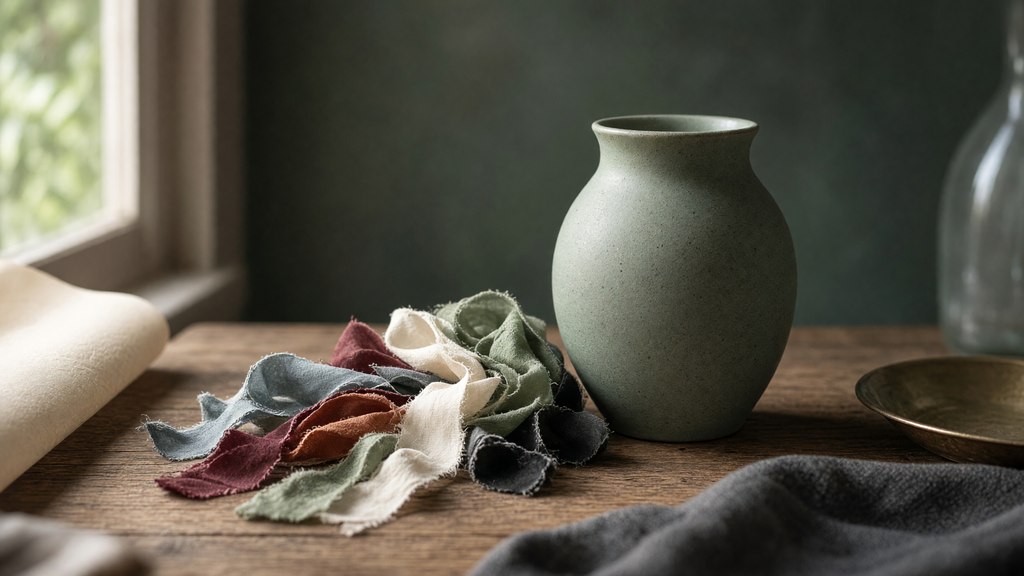 Fitas coloridas soltas ao lado de um vaso simples em uma sala clara.