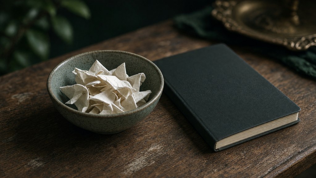 Tigela pequena com formas de papel que lembram grãos, ao lado de um caderno simples.
