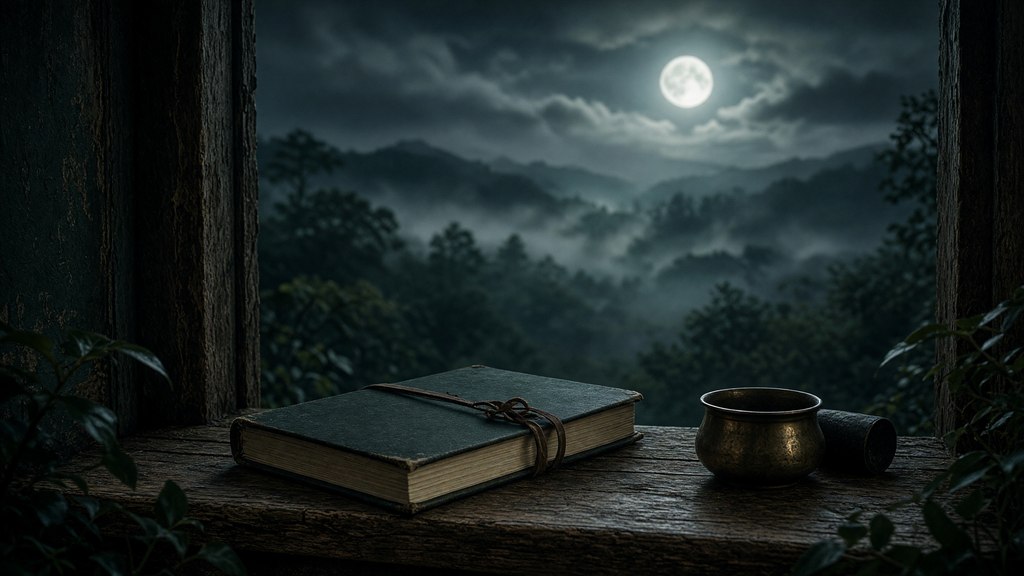 Paisagem noturna ampla e escura, sem um disco de eclipse apresentado como dado.