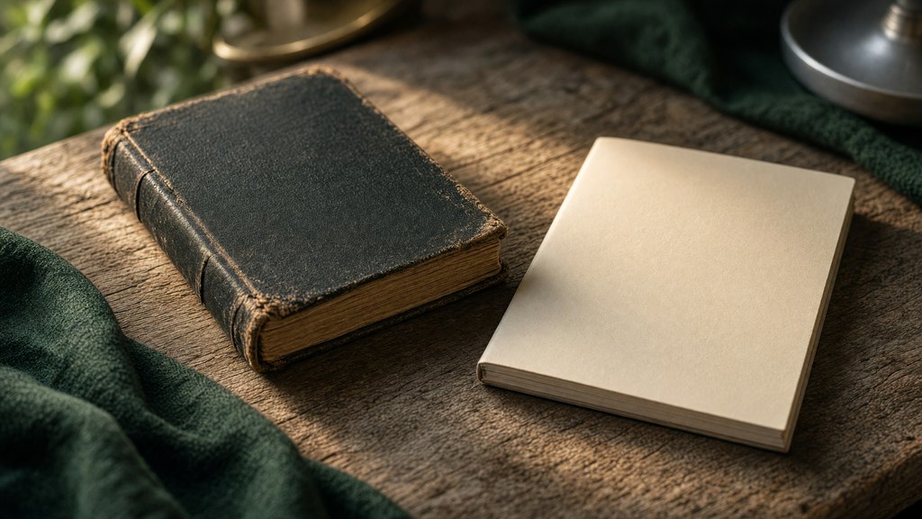 Caderno antigo fechado ao lado de um caderno novo em branco sob a luz do amanhecer.