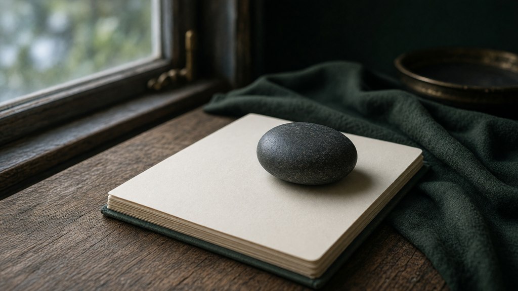 Mesa simples com caderno, pedra lisa e luz natural junto a uma janela.