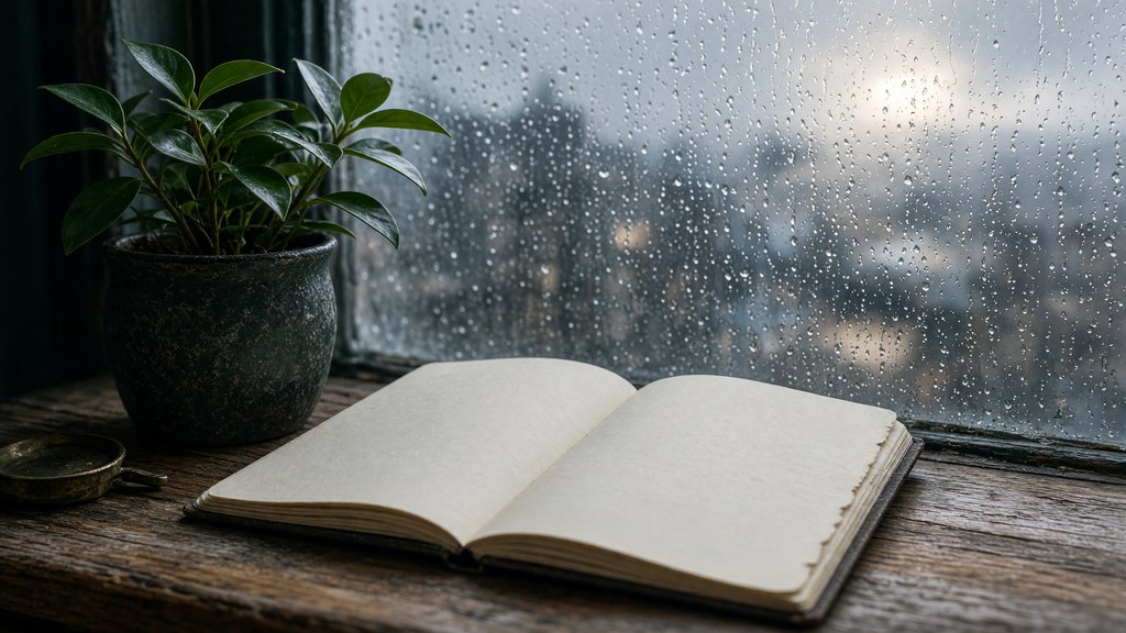 Vaso pequeno numa janela urbana, com chuva no vidro e caderno aberto ao lado.