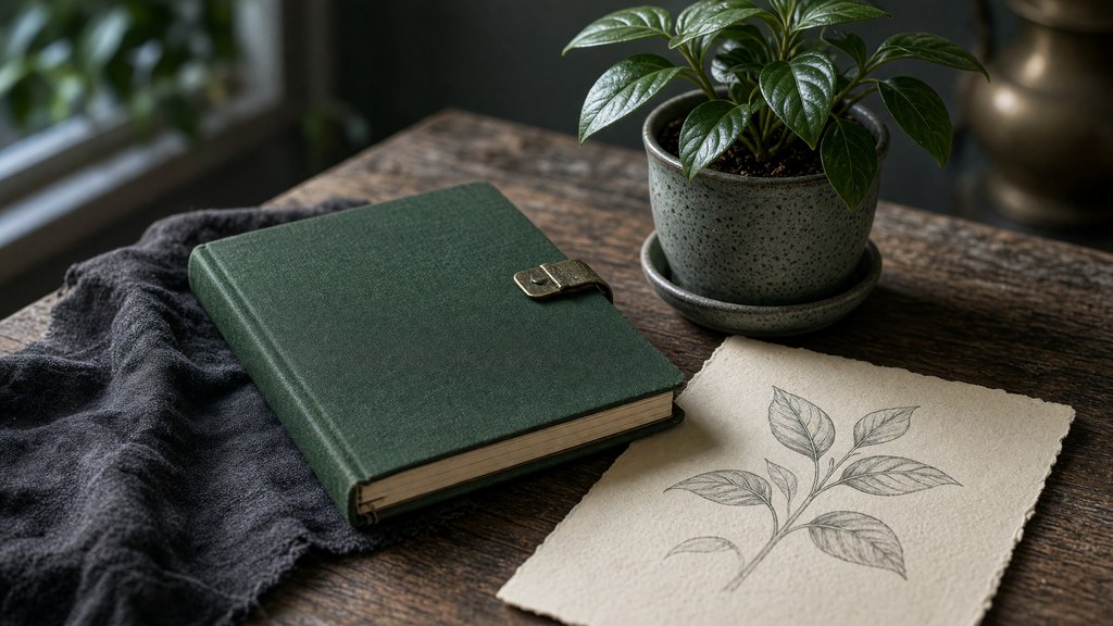 Caderno verde ao lado de uma planta cultivada em vaso e um desenho botânico sem rótulos.