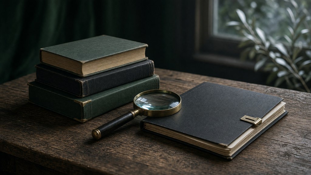 Mesa de arquivo com livros sem rótulo, lupa e pasta de documentos fechada.