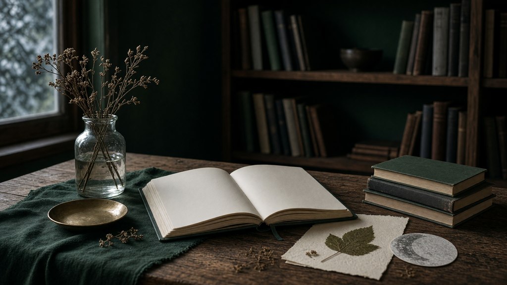 Estante acolhedora com livros sem rótulos, caderno aberto e desenho de uma folha.