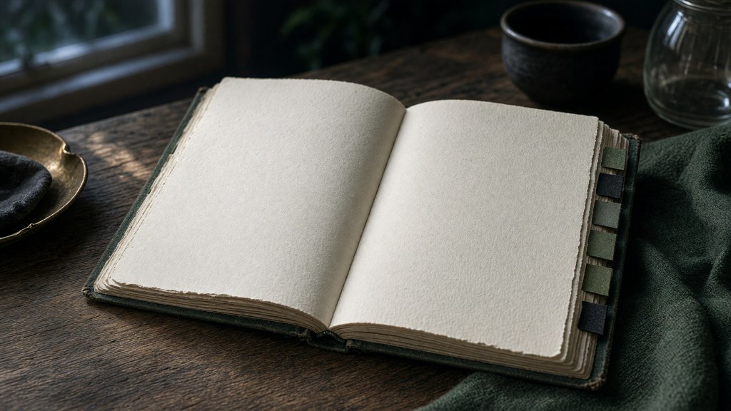 Grimório pessoal aberto, com páginas sem texto e marcadores visíveis.
