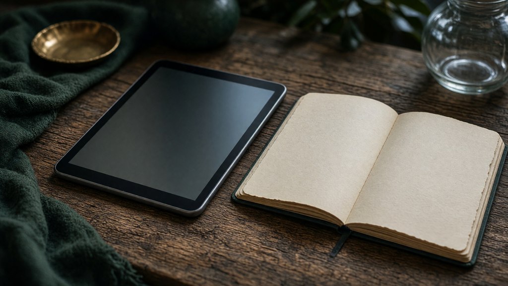Tablet com tela neutra ao lado de um caderno de papel fechado.