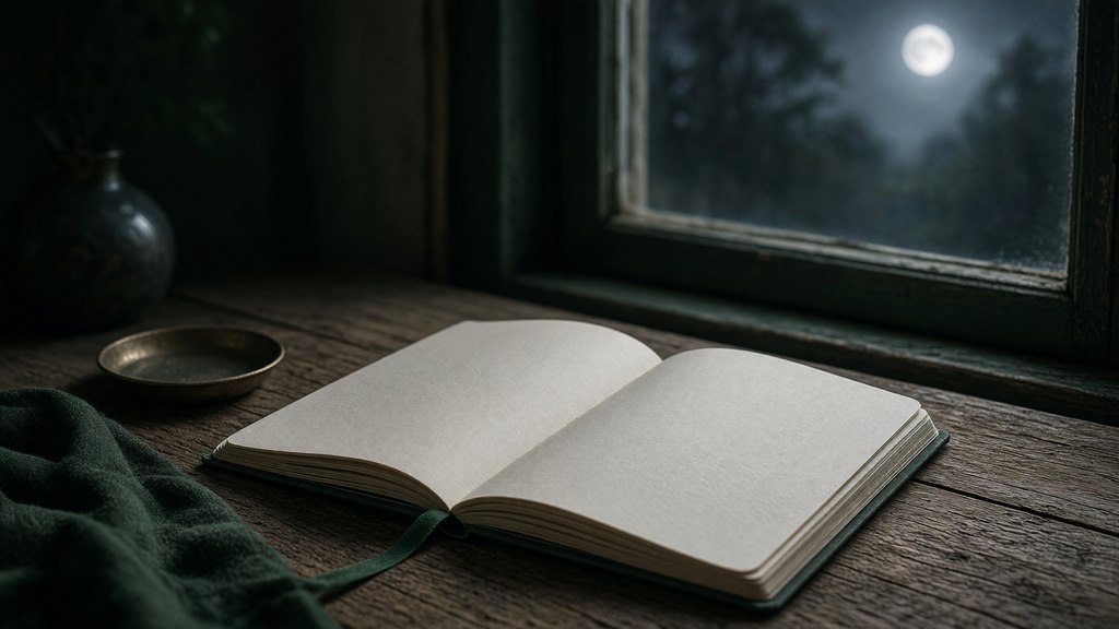 Caderno junto a uma janela iluminada pela Lua, sem diagrama de fases.