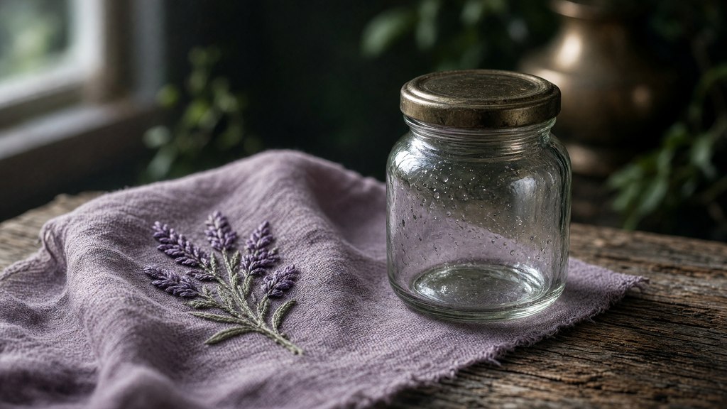 Tecido lilás com um desenho de lavanda e um recipiente de vidro fechado.