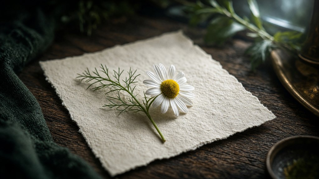 Estudo ilustrado de flores semelhantes à camomila sobre papel claro, sem xícara ou remédio.