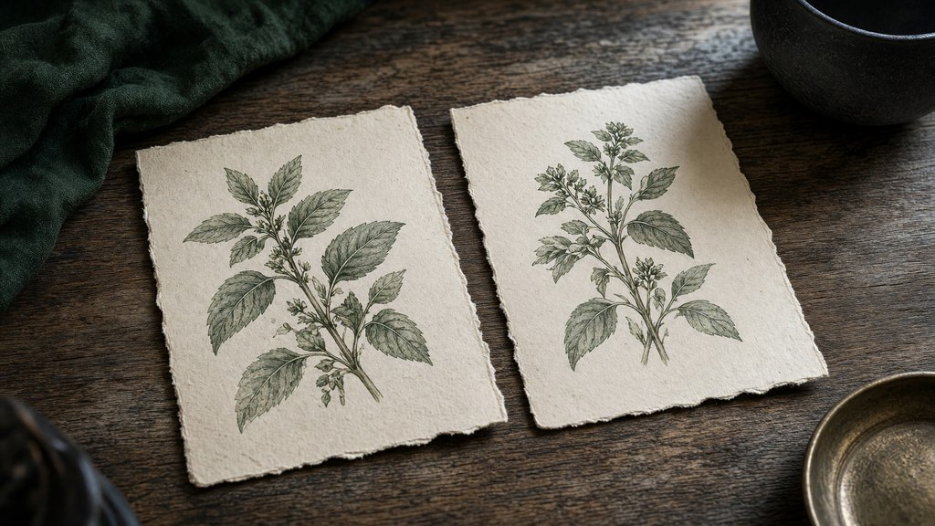 Duas ilustrações botânicas semelhantes a hortelã, separadas sobre uma superfície neutra.