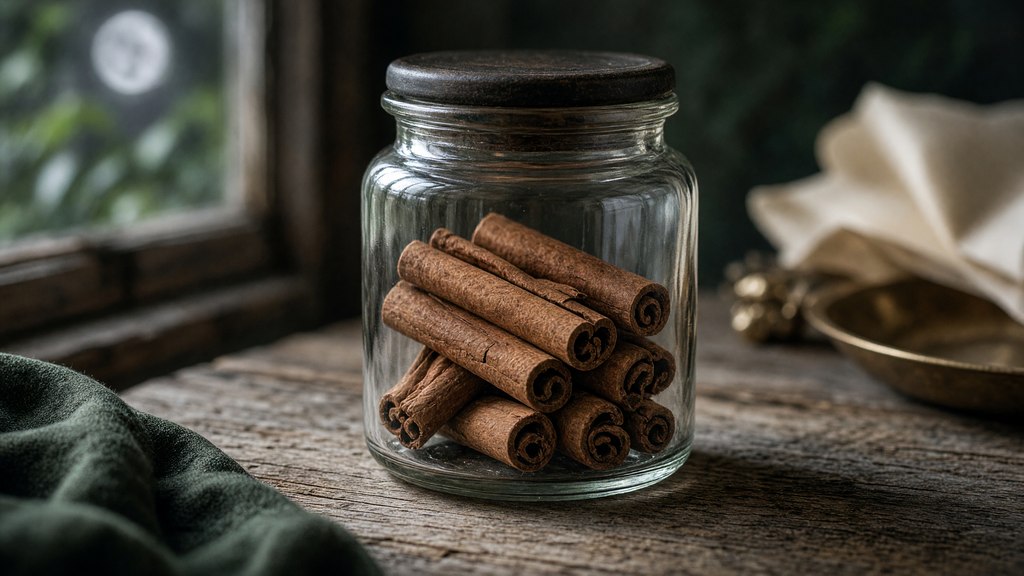 Paus inteiros de canela guardados em um recipiente transparente fechado.