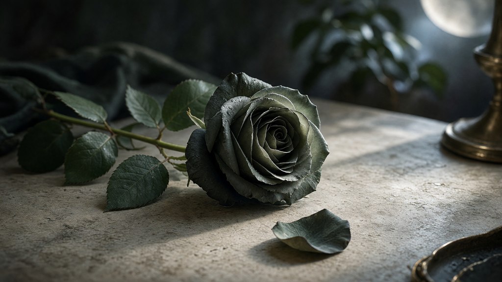 Uma rosa e uma pétala caída sobre uma mesa ampla e neutra.