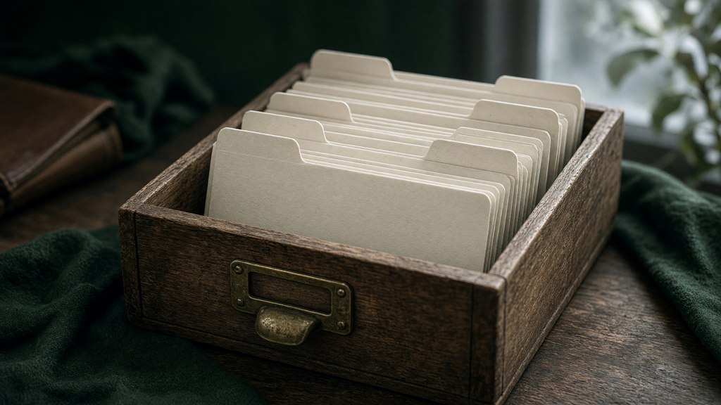 Pequeno fichário com divisórias alfabéticas sem texto sobre uma mesa.