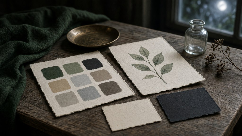 Amostras de cores, desenhos de plantas e cartões separados sobre uma mesa.
