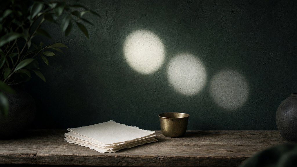 Círculos suaves e separados de luz projetados sobre uma parede neutra.