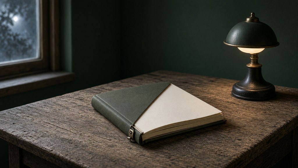 Ambiente claro com um caderno simples e uma pequena luz elétrica, sem fumaça ou incenso.
