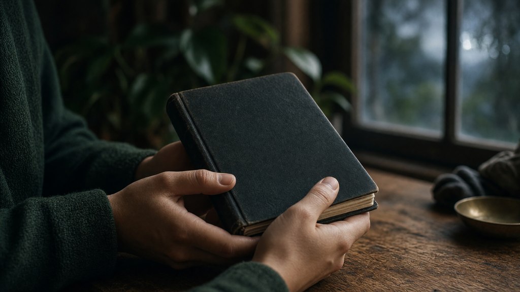 Pessoa segura o próprio caderno fechado em um espaço pessoal tranquilo.