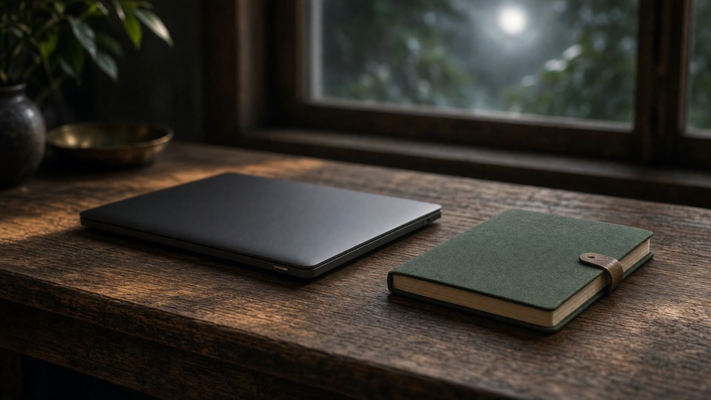 Mesa de trabalho simples, com computador fechado, caderno pessoal e espaço claro entre os objetos.