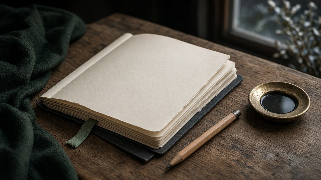 Caderno aberto com páginas sem marcas e um lápis sobre uma mesa de madeira.