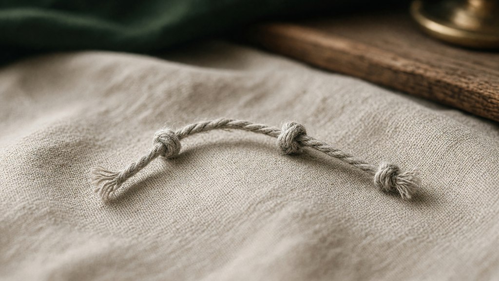 Cordão de algodão solto, com poucos nós simples sobre tecido claro.
