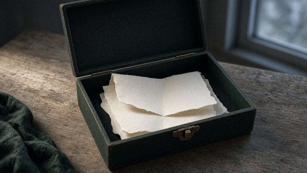 Papel dobrado dentro de uma caixa reutilizável sobre uma mesa livre.