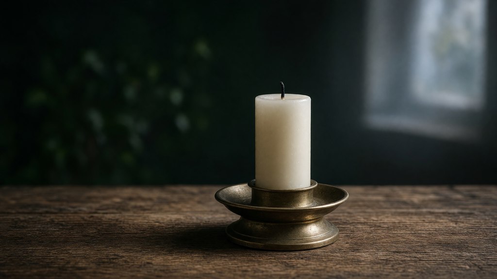 Vela simples em um suporte estável e resistente ao calor, sobre uma superfície vazia.