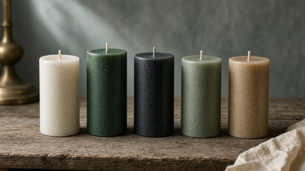 Fileira organizada de velas apagadas em cores diferentes sobre fundo neutro.