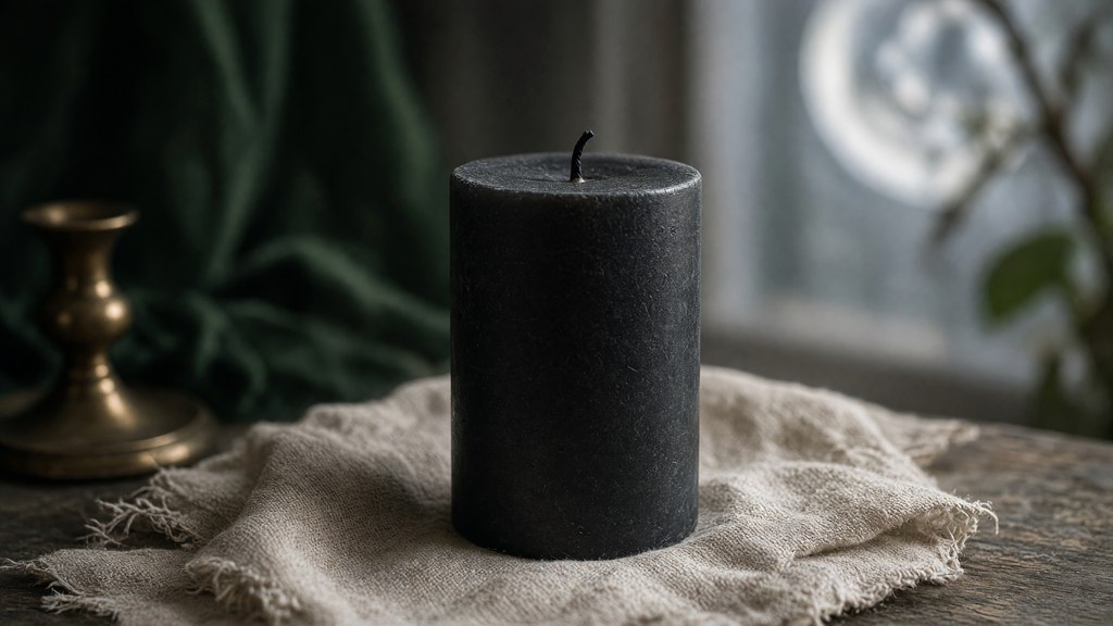 Vela preta fosca e apagada sobre tecido claro, em um ambiente calmo.