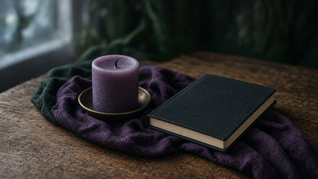 Vela roxa apagada ao lado de um caderno de estudo fechado e tecido violeta.