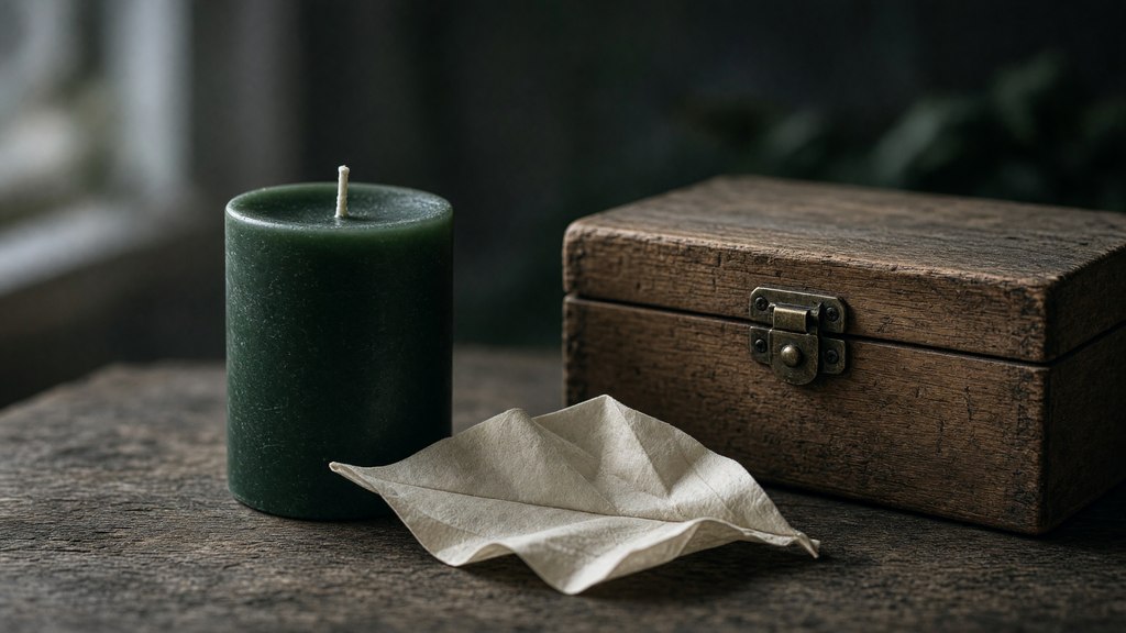 Vela verde apagada ao lado de uma caixa de madeira simples e um recorte de papel em forma de folha.