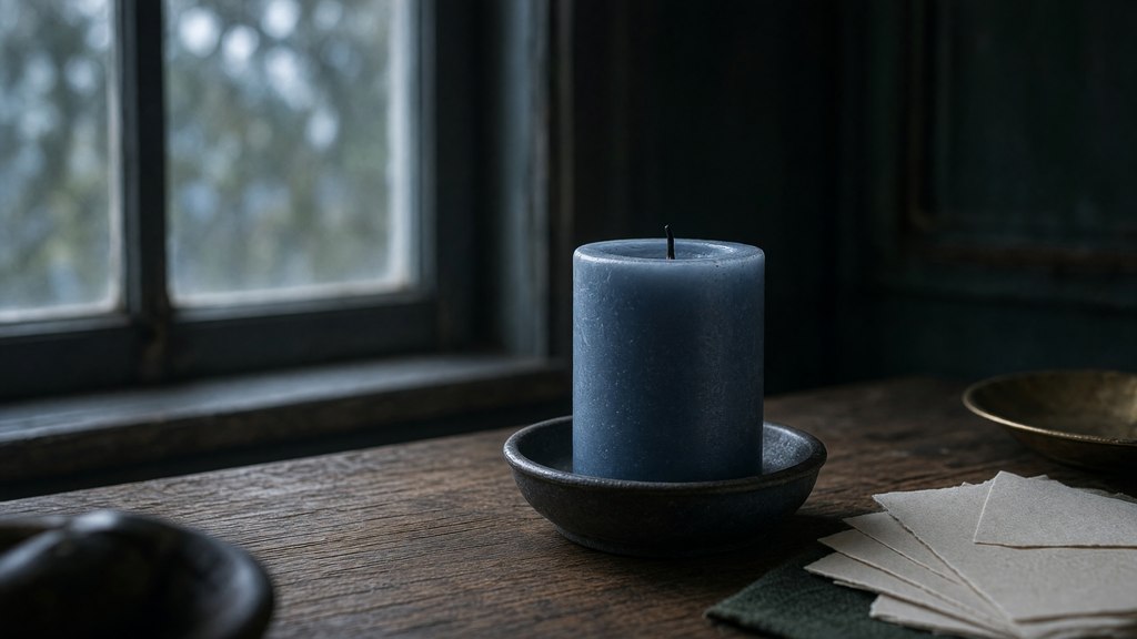 Vela azul apagada sobre uma mesa tranquila diante de uma janela com luz suave.