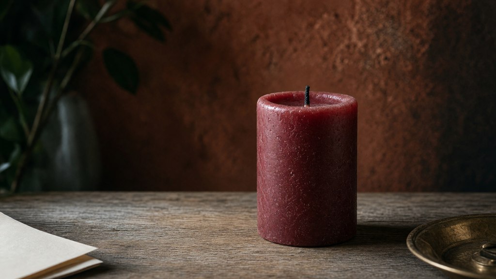 Vela vermelha apagada sobre uma mesa livre, diante de um fundo de terracota escura.