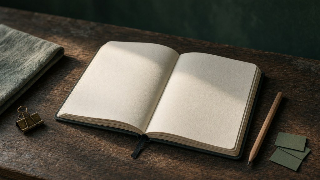 Caderno aberto sobre uma mesa, com lápis e pequenos marcadores de papel.