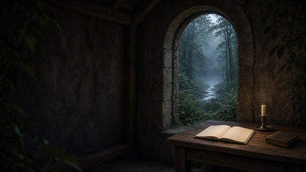 Mesa de estudo com caderno fechado, objetos naturais e luz suave.