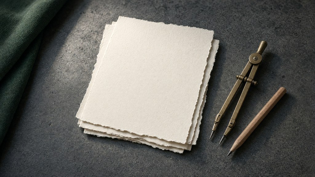 Papéis em branco sobre pedra, com um compasso de latão e um lápis.